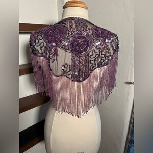 1920’s Beaded Sequin Purple Piano Shawl Capelet Fringe Vintage Flapper